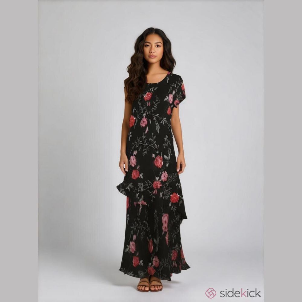 Vintage Y2K Eva Blue Beaded floral Maxi flutter sleeve tiered dress